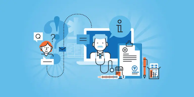 An illustration representing Andros Orthodontics in Pasco, WA shows a doctor with a headset, medical forms, a syringe, pills, and a patient inquiring about their treatment plan—all set on a blue background.