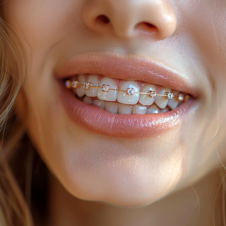 Beautiful woman smiling with orthodontic braces