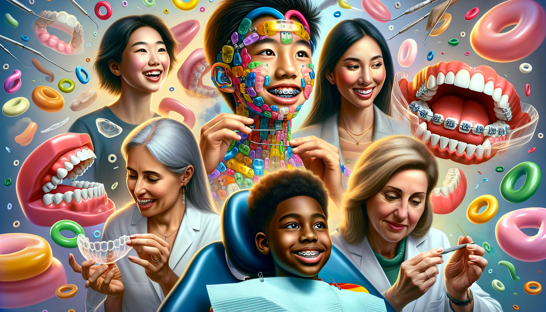 Diverse group of patients of different ages receiving orthodontic treatments