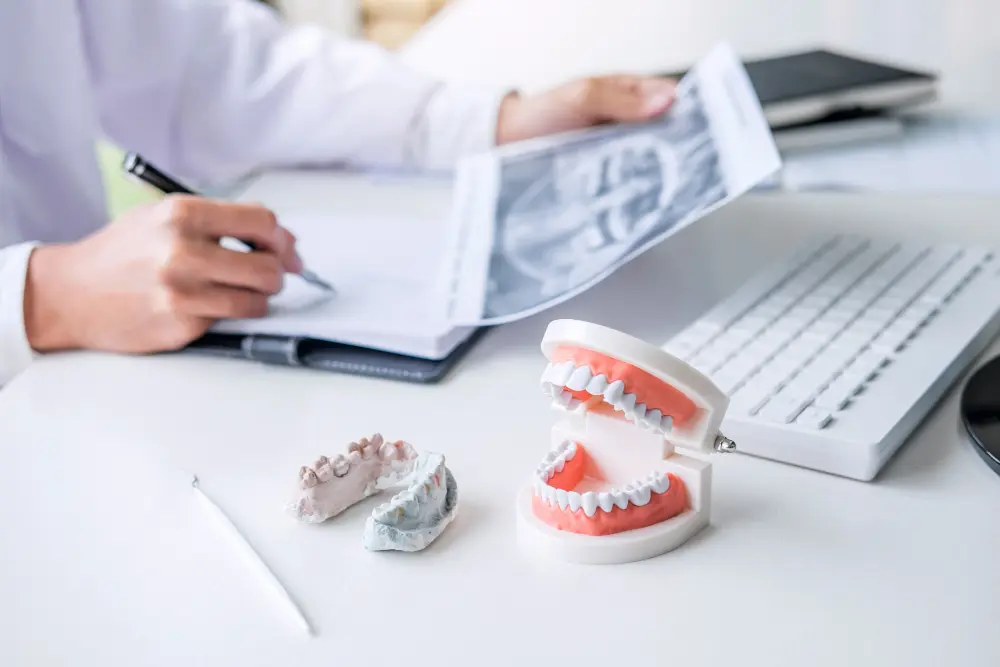At Andros Orthodontics in Pasco, WA, a staff member reviews dental X-rays and writes notes at a desk with dental models and tools, possibly evaluating orthodontic insurance plans for patient coverage.