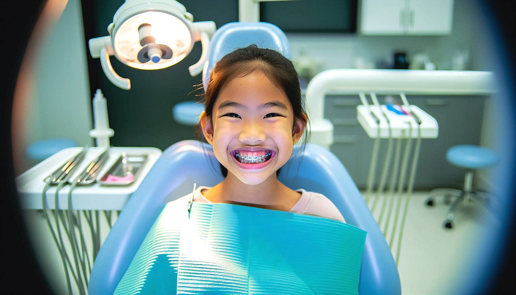 A young girl with braces smiles in a dental chair at Andros Orthodontics in Pasco, WA, highlighting her affordable braces against a backdrop of dental equipment.
