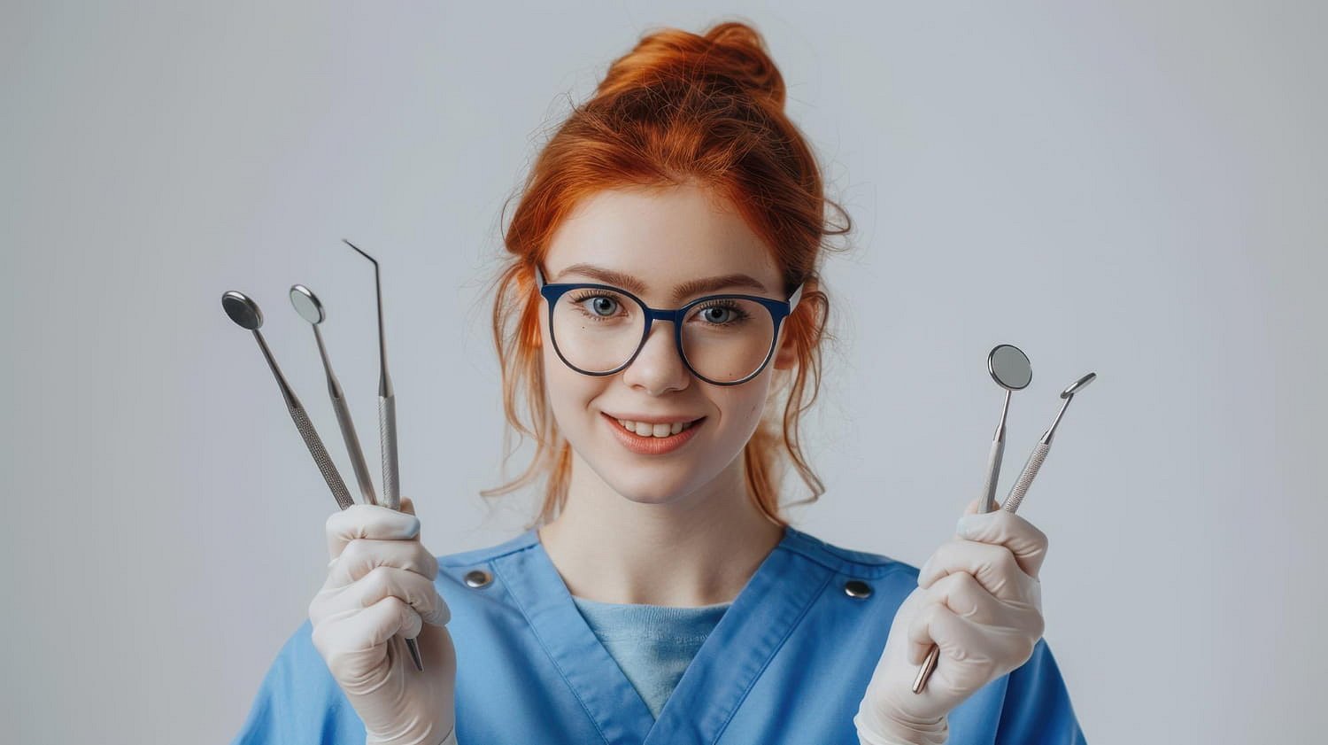 At Andros Orthodontics in Pasco, WA, a woman in blue scrubs and glasses smiles at the camera while holding dental instruments, emphasizing the value of Orthodontic Insurance Plans.