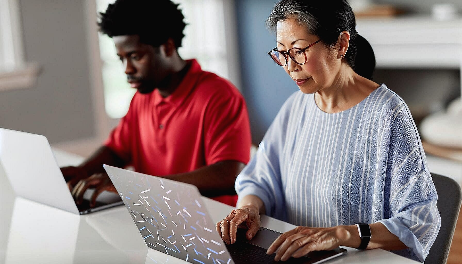 While working side by side on their laptops in a bright, modern space, two people in Pasco, WA discuss affordable braces options available at Andros Orthodontics.