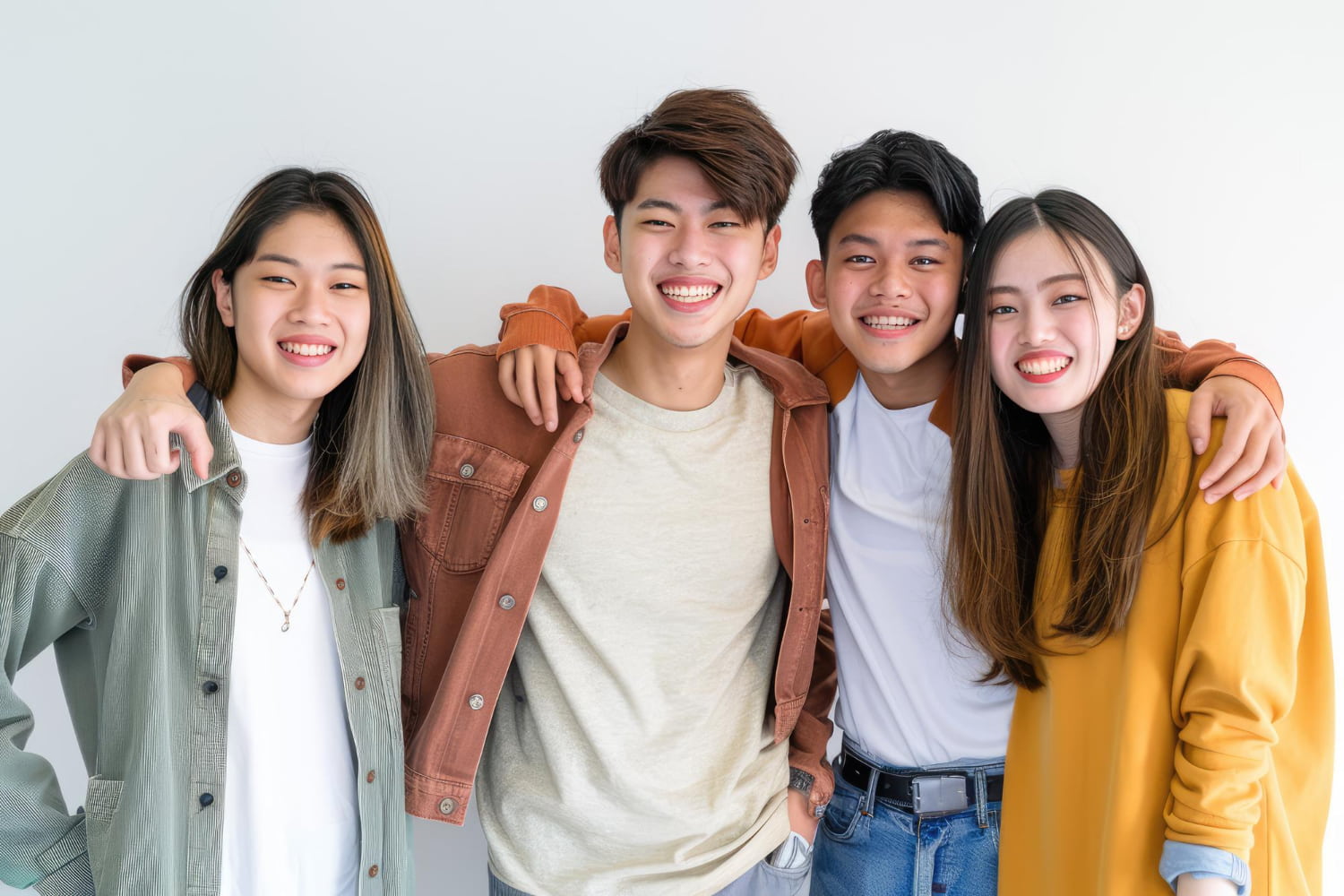 A group of four young adults, smiling with their arms around each other in front of a white background, reflects the friendly atmosphere at Andros Orthodontics in Pasco, WA.